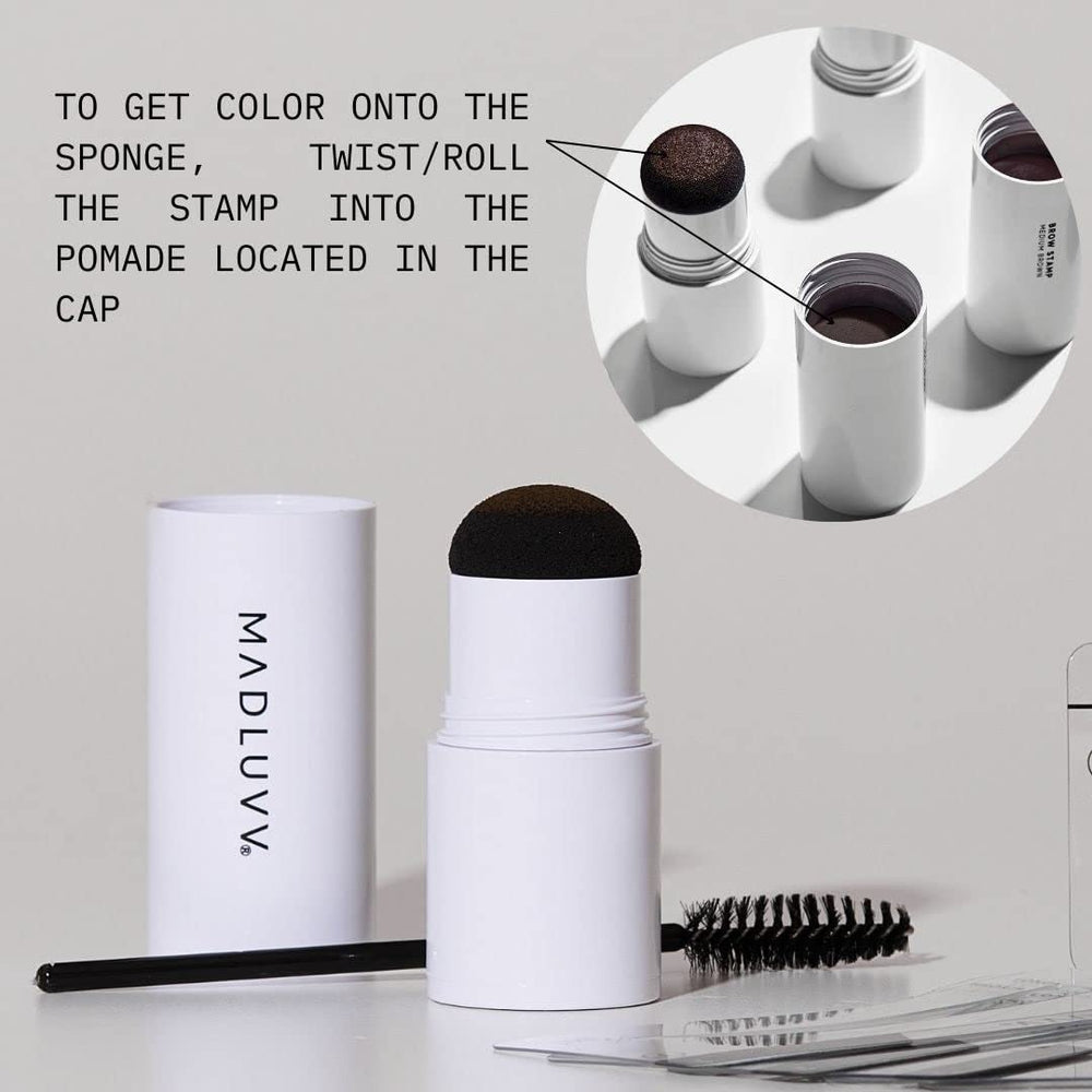 MADLUVV Brow Stamp Kit displays popular shapes for natural-looking brows