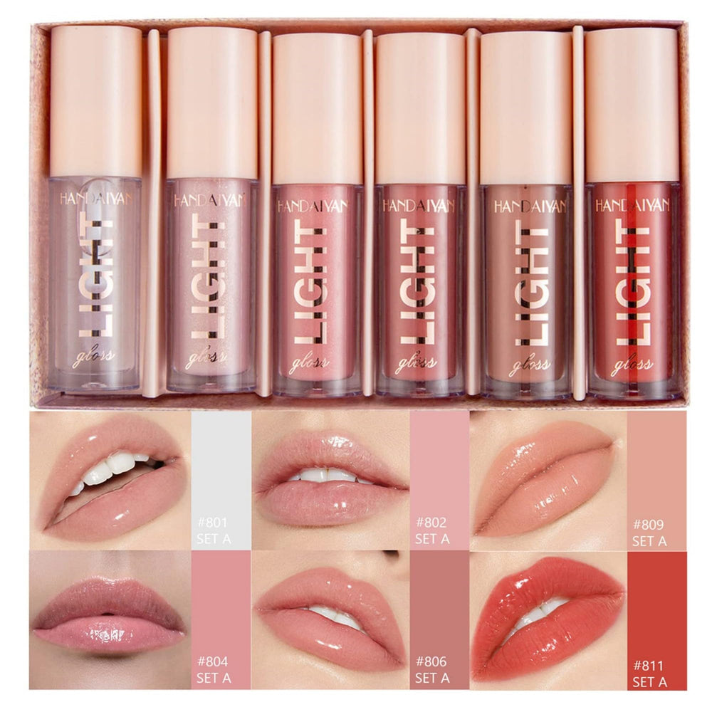 MAEPEOR lipgloss set closeup on swatches, smooth hydration and natural nude tones.