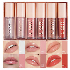 MAEPEOR lipgloss set closeup on swatches, smooth hydration and natural nude tones.
