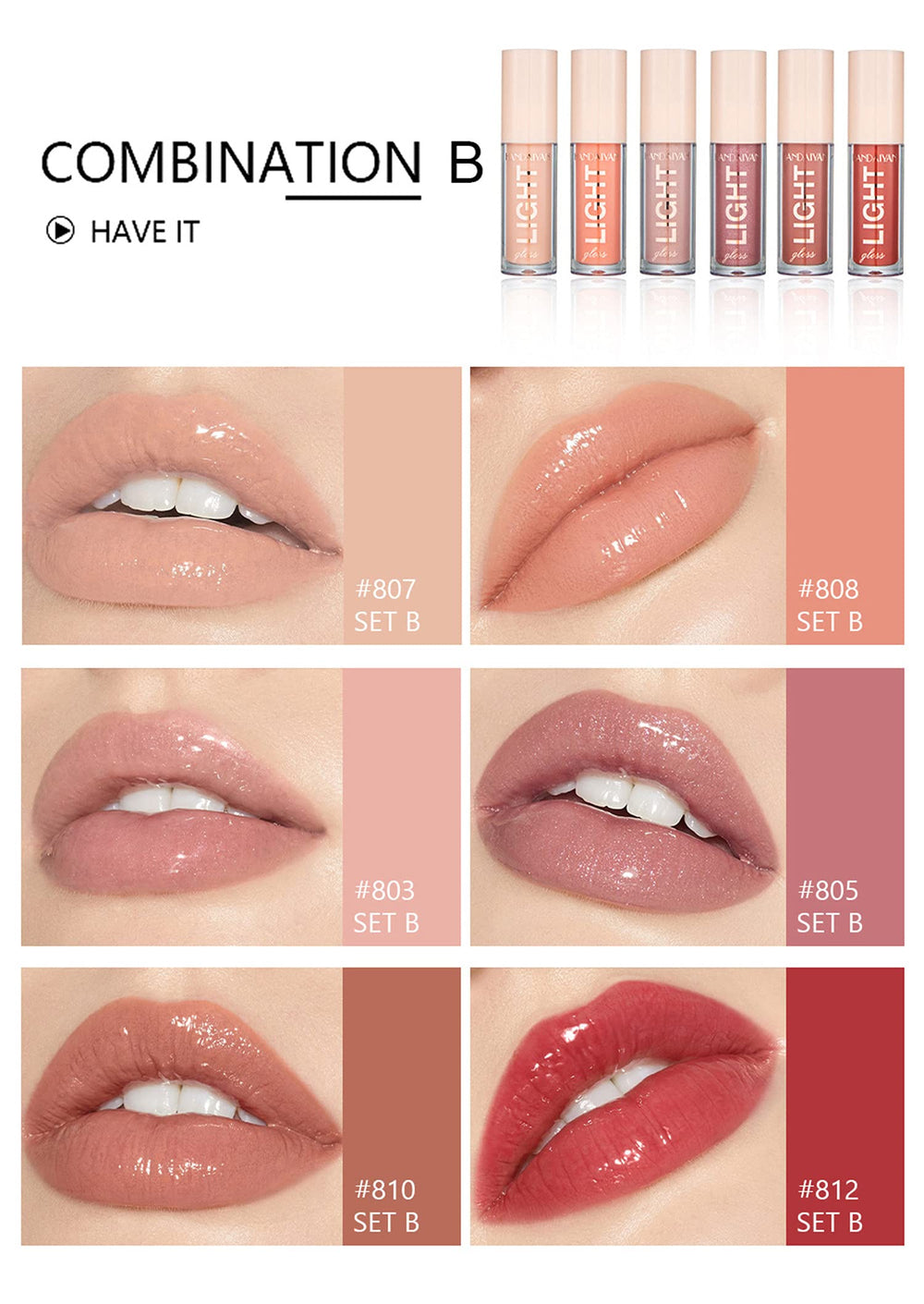 MAEPEOR lip gloss swatches showing neutral nude shades for versatile looks