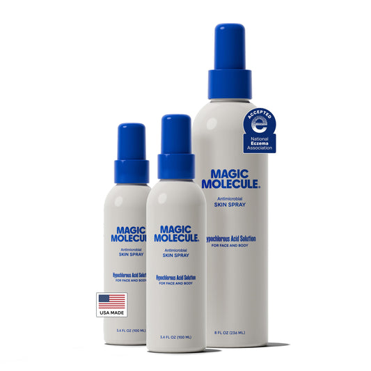 Magic Molecule Hypochlorous Acid Spray 8oz bottle on white surface for gentle cleansing