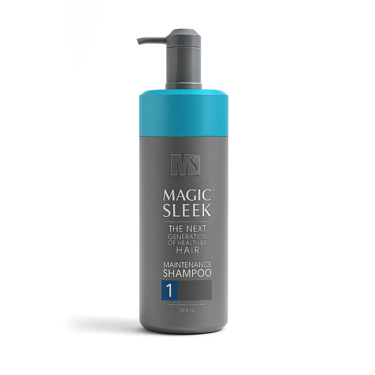 MagicSleek Hydrating Shampoo bottle pouring, color-safe protection for vibrant color and shine.