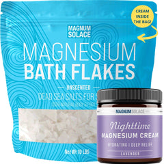 Magnum Solace bath magnesium flakes in bag ready to soak for relaxation