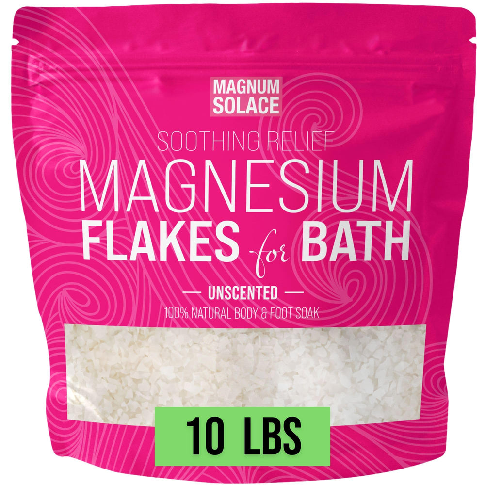 Magnum Solace magnesium flakes container ready for a bath soak.