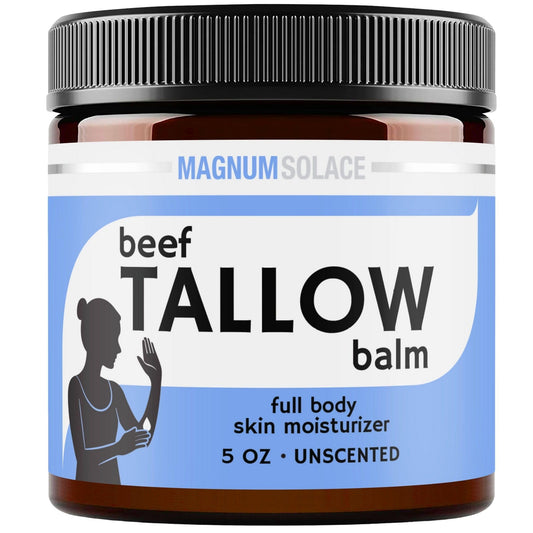 Magnum Solace beef tallow jar front—unscented hydration for dry skin.