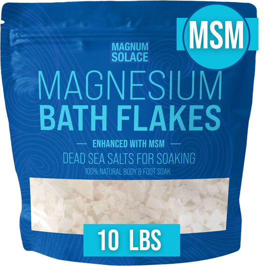 Magnum Solace magnesium flakes with MSM in packaging for a soothing home soak.