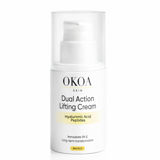 Maidlure OKOA SKIN dual-action cream bottle highlights a hydrating, firming ritual.
