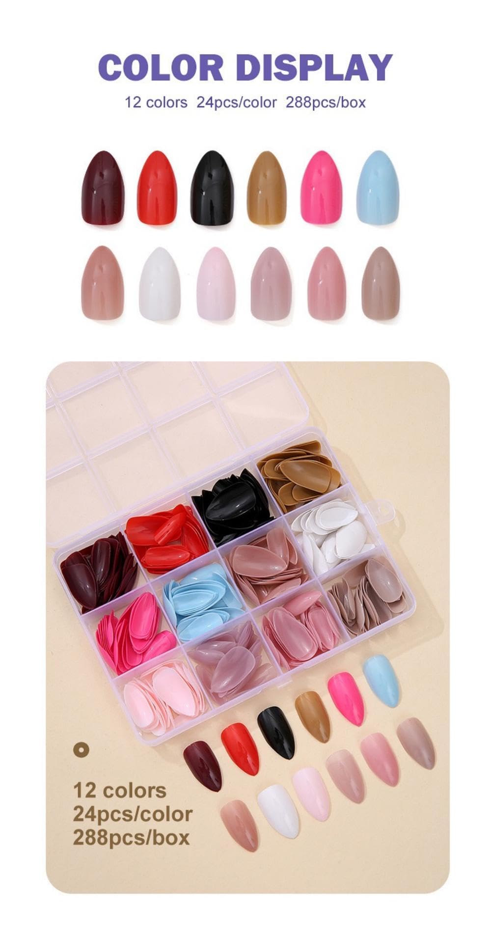 Maigitur almond press-on nails kit for quick at-home manicures.