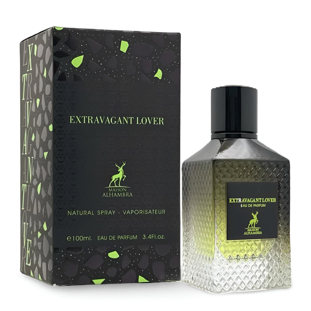 Maison Alhambra Extravagant Lover bottle label highlights premium branding and gifting appeal.