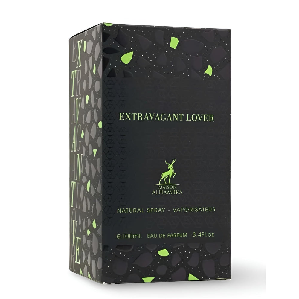 Maison Alhambra Extravagant Lover packaging closeup emphasizes refined presentation for special occasions.