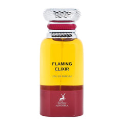 Maison Alhambra Flaming Elixir bottle with fiery accents, suggesting bold evening wear.