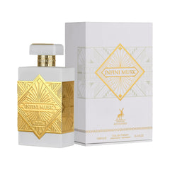 Maison Alhambra Infini Musk bottle closeup, exotic woody-floral profile for cooler days.