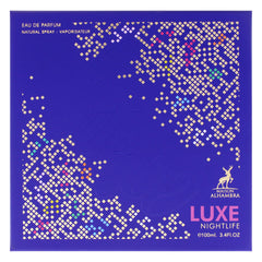 Maison Alhambra Luxe Nightlife label on box communicates premium branding and elegance