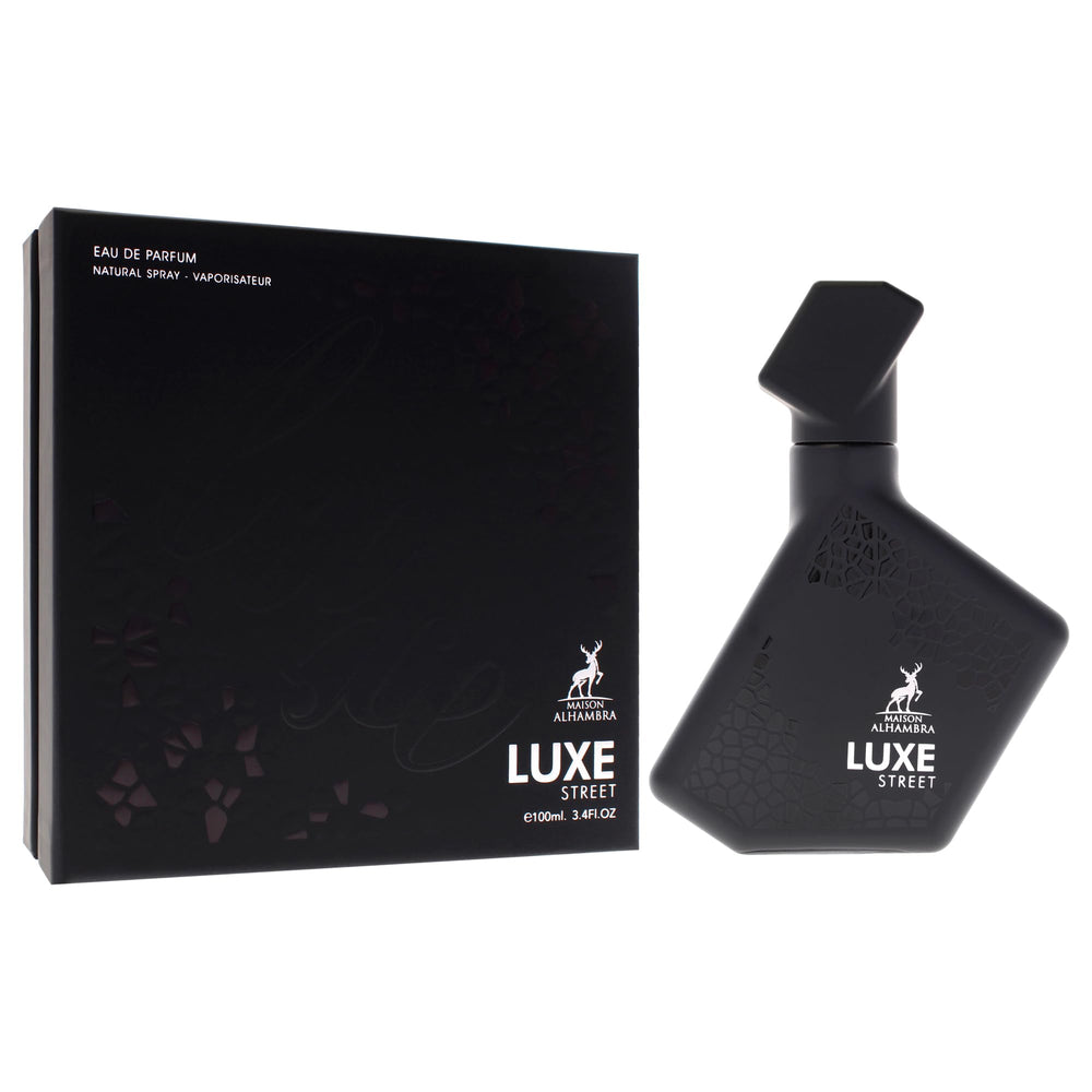 Maison Alhambra Luxe Street outer-box presentation signals premium urban fragrance.