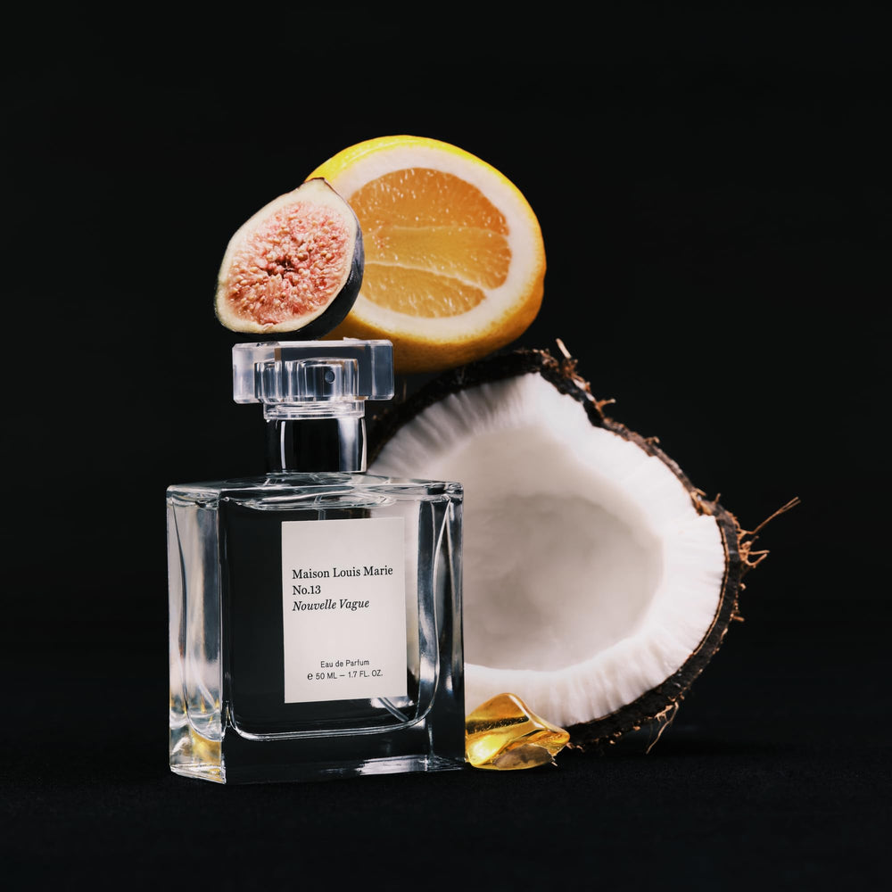 Maison Louis Marie No.13 Nouvelle Vague label closeup emphasizes craftsmanship.