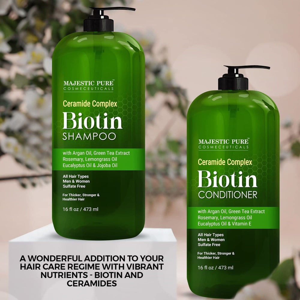 Majestic Pure Biotin Conditioner bottle promoting smoother, detangled hair.