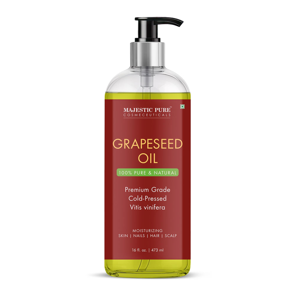 Majestic Pure Grapeseed Oil bottle for versatile skin and hair nourishment.