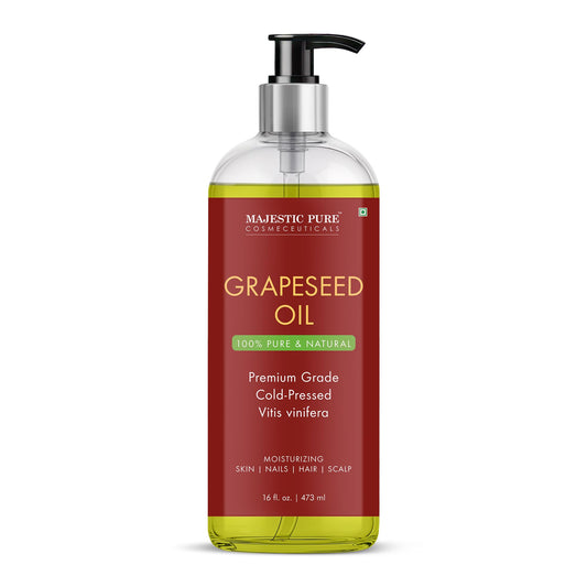Majestic Pure Grapeseed Oil bottle for versatile skin and hair nourishment.