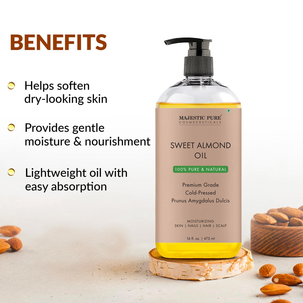 Majestic Pure Sweet Almond Oil packaging varies for versatile options