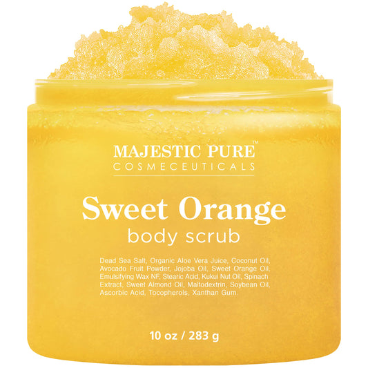 Majestic Pure Sweet Orange Body Scrub jar with bright citrus aroma for refreshed, smooth skin.