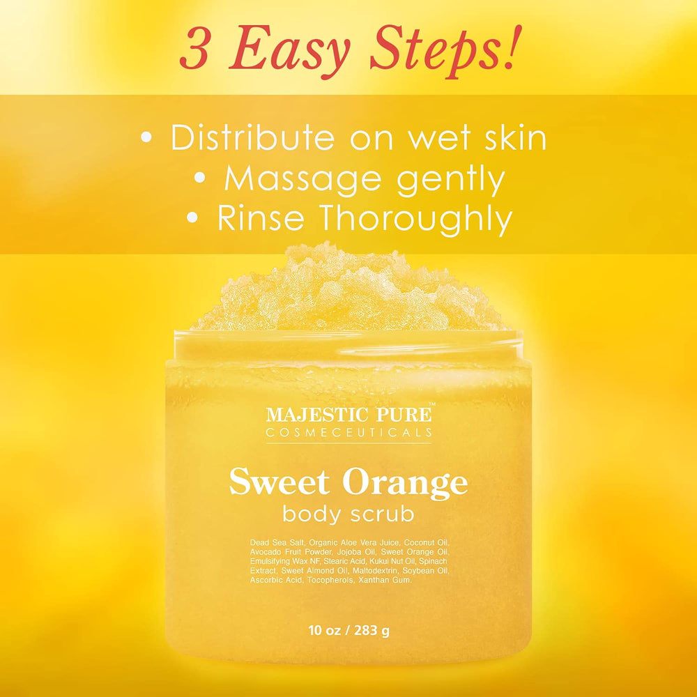 Scoop and pour Majestic Pure Sweet Orange Body Scrub showing exfoliating grains.
