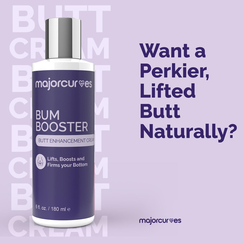 Major Curves Bum Booster Cream texture close-up illustrates a non-greasy finish.