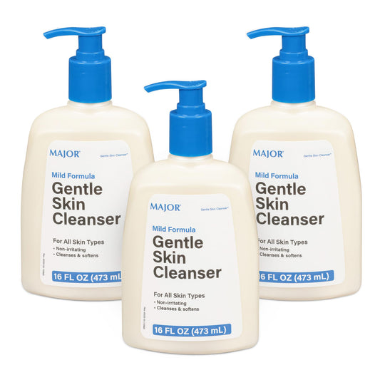 Major Gentle Skin Cleanser bottle shows fragrance-free, mild formula for all skin types.