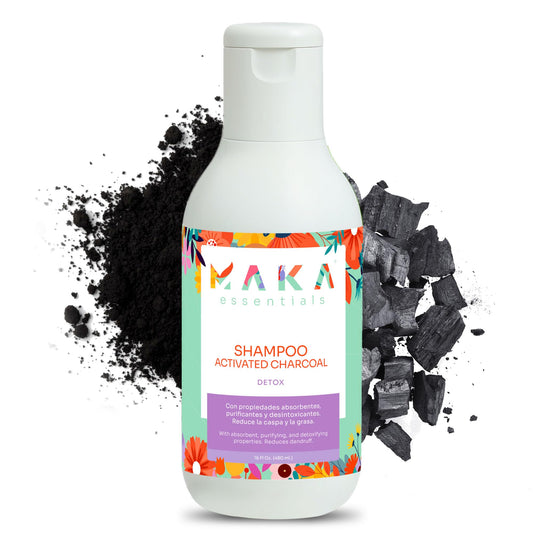 Maka Essentials charcoal shampoo bottle for oily hair shows oil control and refreshed scalp