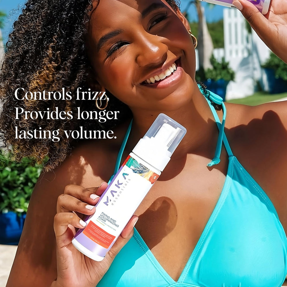 Maka Essentials curls-definition-foam defines waves with soft, touchable texture.