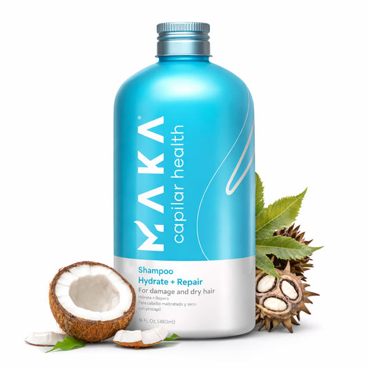 Maka Capilar Health moisturizing shampoo bottle pour for hydrated, manageable hair.