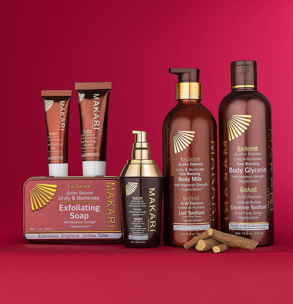 Makari Exclusive set product arrangement, clean layout showcasing three-step routine.