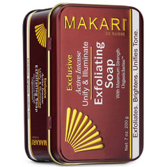 Makari Organiclarine bottle, highlight brightening ingredient for smoother tone.