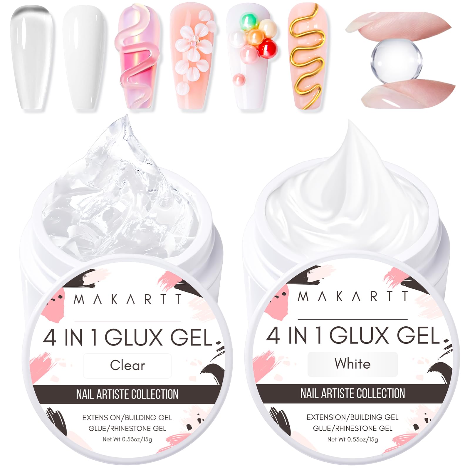 Makartt 3D Gel Nail Art kit with clear and white gels for sculpting and extensions.