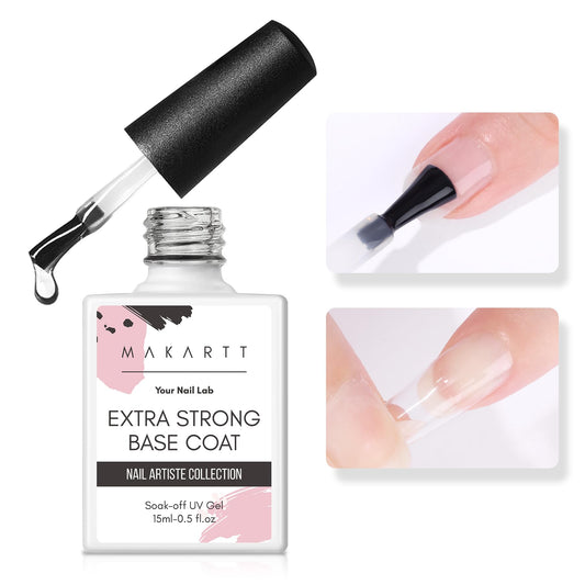 Makartt Base Coat bottle close-up showing smooth foundation for durable manicures.