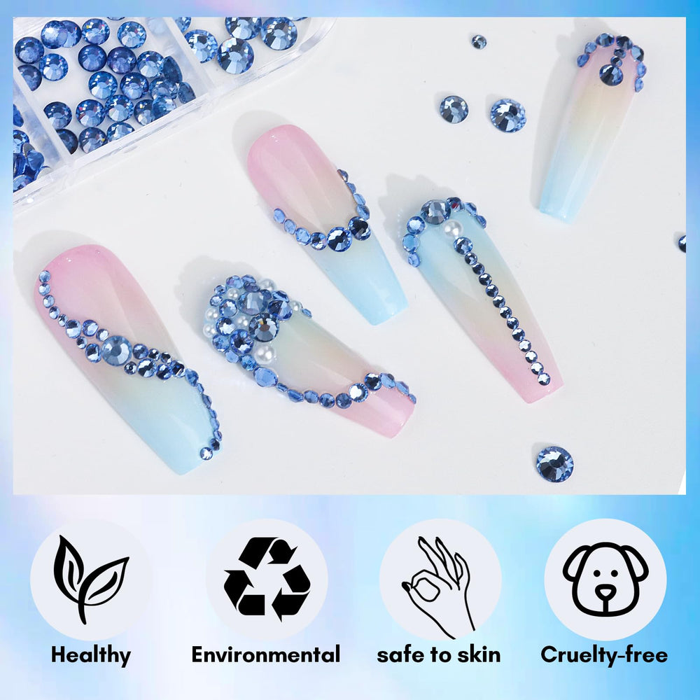 Makartt blue rhinestones on nails demonstrates glam DIY art
