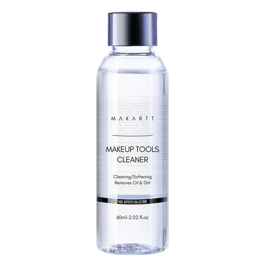 Makartt Brush Cleaner Solution bottle on vanity for quick residue removal