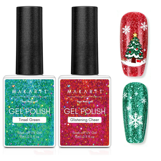 Makartt Christmas glitter gel red and green bottle close-up for festive manicure.