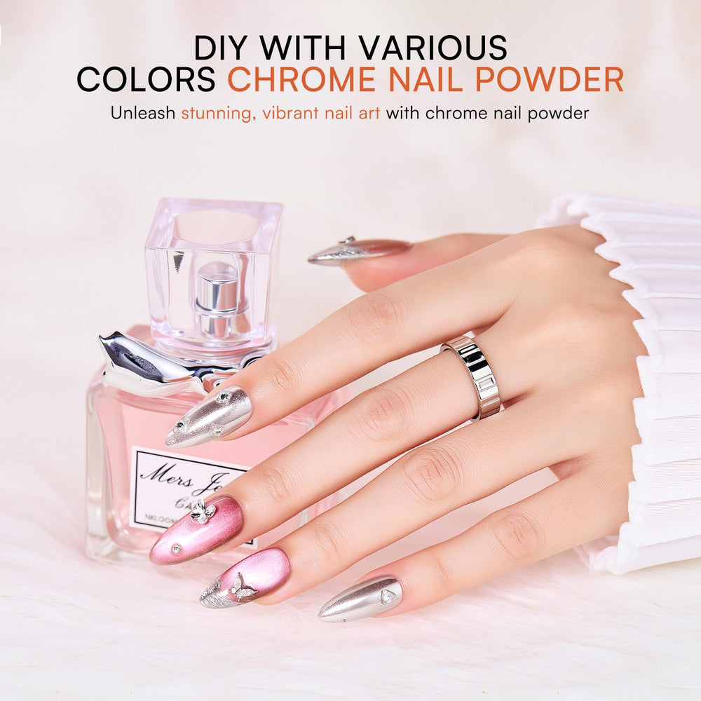 Makartt chrome powder in silver for salon-grade metallic nails