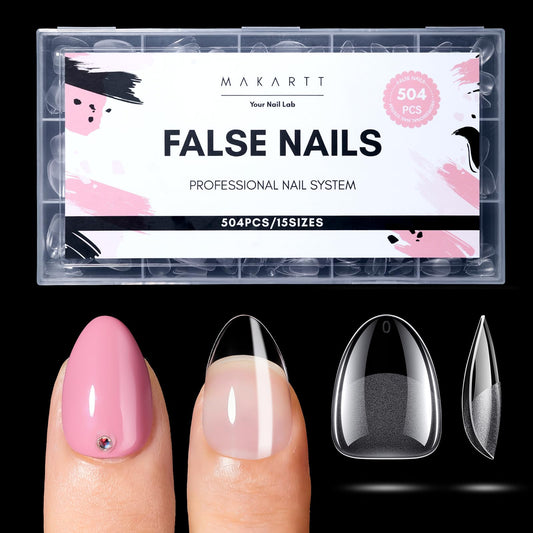Makartt extra-short almond nail tips, 504pcs, ideal for quick at-home manicures.