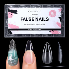 Makartt medium stiletto almond nail tips in packaging, a 504-piece set for home use.