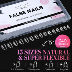 Makartt short almond tips showing 15 sizes for versatile nail bed coverage.