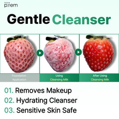 MAKEP:REM Safe Me Relief Moisture Cleansing Milk bottle back view highlights hydrating formula
