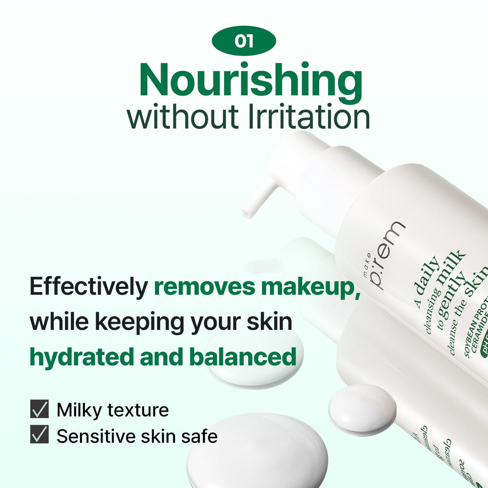 MAKEP:REM Safe Me Relief Moisture Cleansing Milk close-up showing creamy texture for silky skin