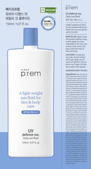 MAKEPREM REM Defense Me Daily Sun Fluid bottle back reveals ingredients and usage notes for sensitive skin.