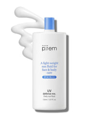 MAKEPREM REM Defense Me Daily Sun Fluid bottle front showcases sleek packaging and SPF protection.