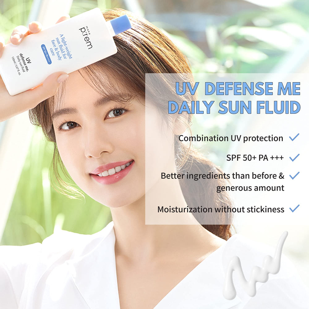 MAKEPREM REM Defense Me Daily Sun Fluid close-up label highlights vegan formula and broad UV protection.
