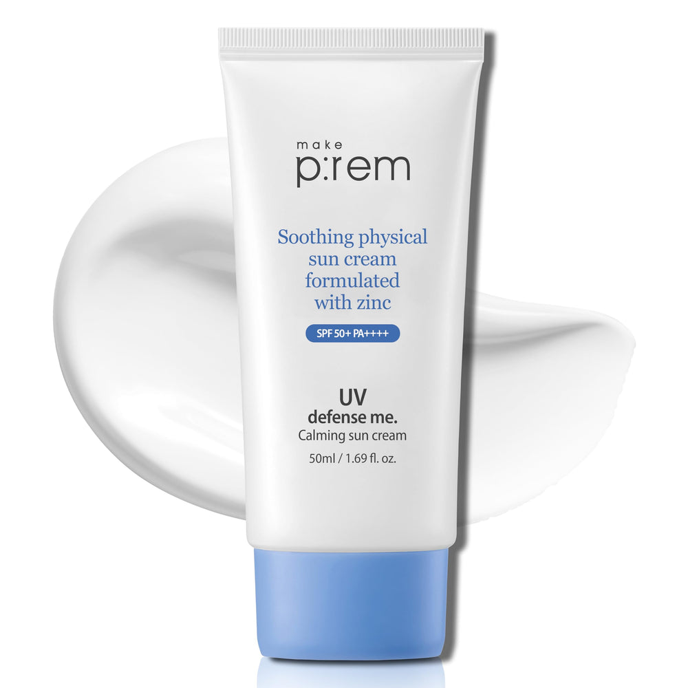 MAKEPREM UVA UVB Defense bottle front for vegan mineral sunscreen protection.