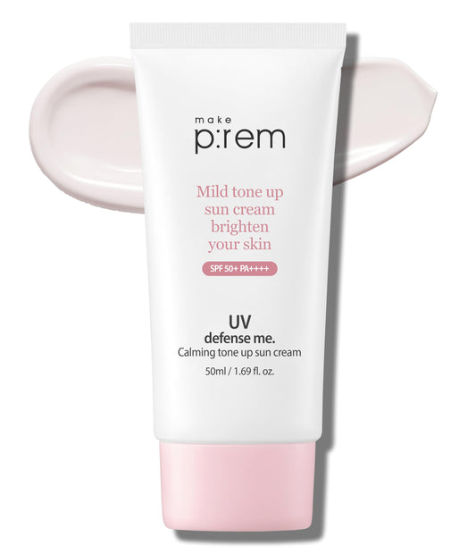 Makeprem UVA UVB Defense sun cream tube front showing SPF 50+ protection for sensitive skin.
