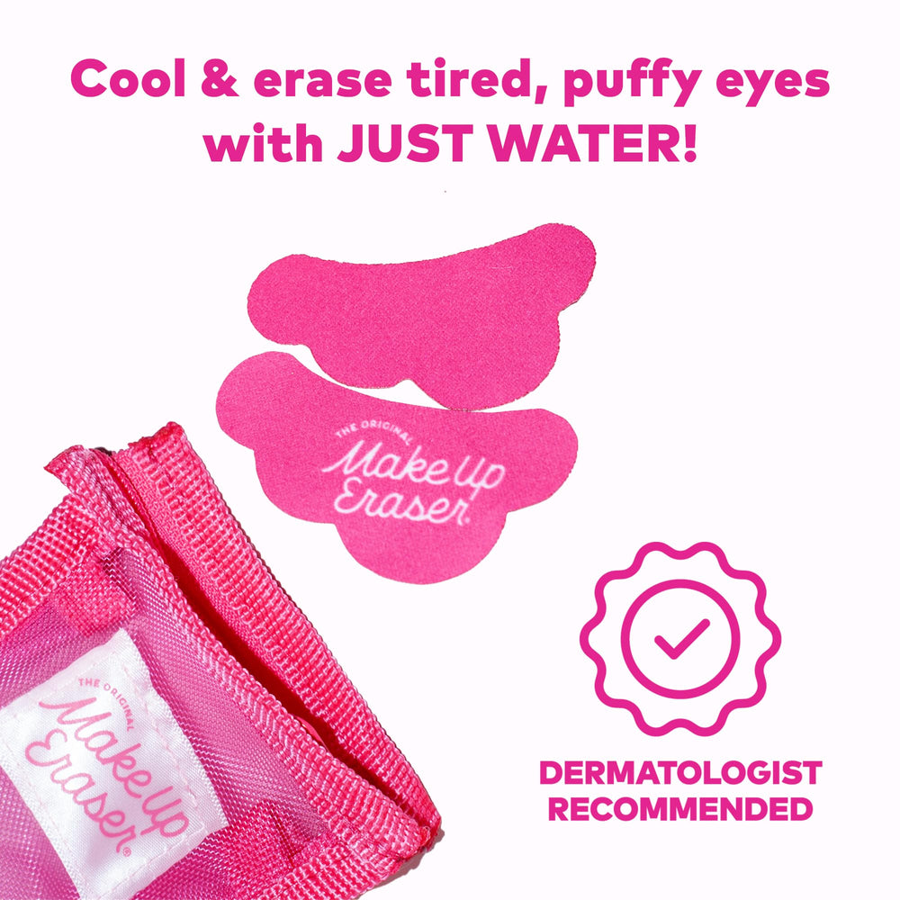 MakeUp Eraser Cooling Clouds patches with mini washbag included for travel-ready care.