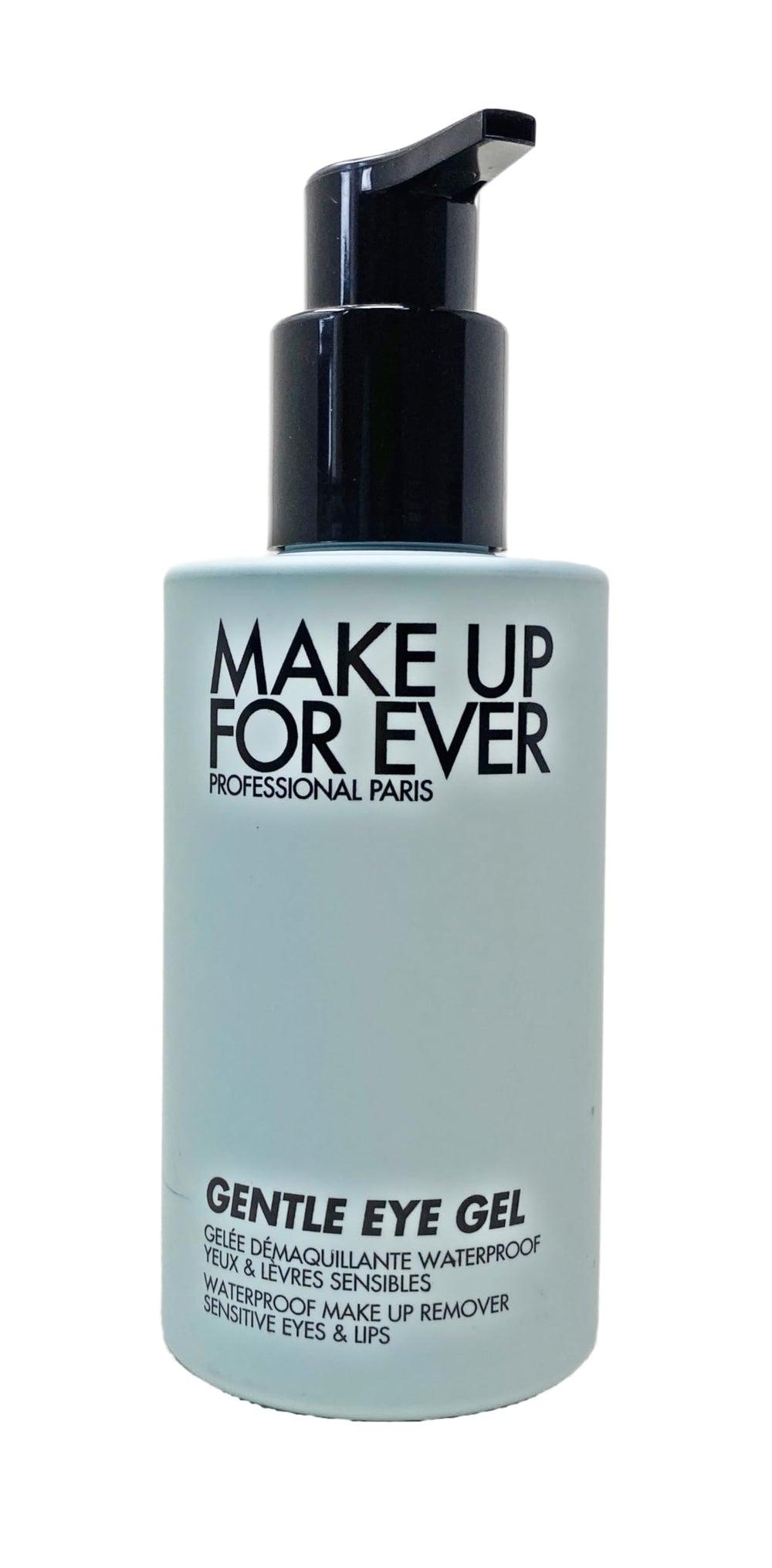 Make Up For Ever Gentle Eye Gel Remover bottle shows alcohol-free formula for sensitive eyes